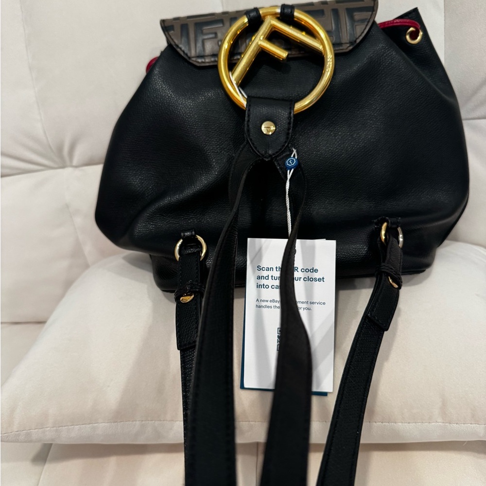 Fendi Black Leather Backpack with Brown FF Monogram Flap and Red Accents - Picture 3 of 6